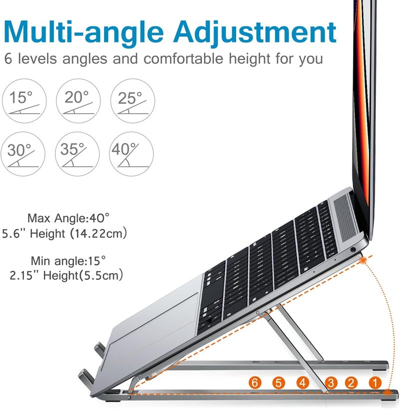 ivoler Laptop Stand, Laptop Holder Riser Computer Tablet Stand, 6 Angles Adjustable Aluminum Ergonomic Foldable Portable Desktop Holder Compatible with MacBook,iPad, HP, Dell, Lenovo 10-15.6” Gray - Image 4
