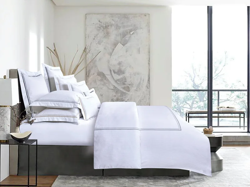 DWELL Dwell-Casper Stripe Piping Duvet Cover-Duvet Cover - 240 x 220 CM, Fitted Sheet - 180 x 200 x 38 CM Pillow cases 50 x 80 CM-White/Grey
