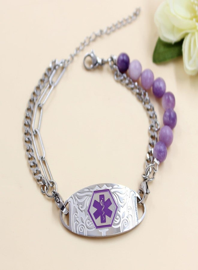 Uloveido Type II Diabetes Bracelet for Women, Double Chain Adjustable Engraved Medical ID Jewelry, Natural Lepidolite Layered Beaded Design for Awareness YA5493 - Image 5