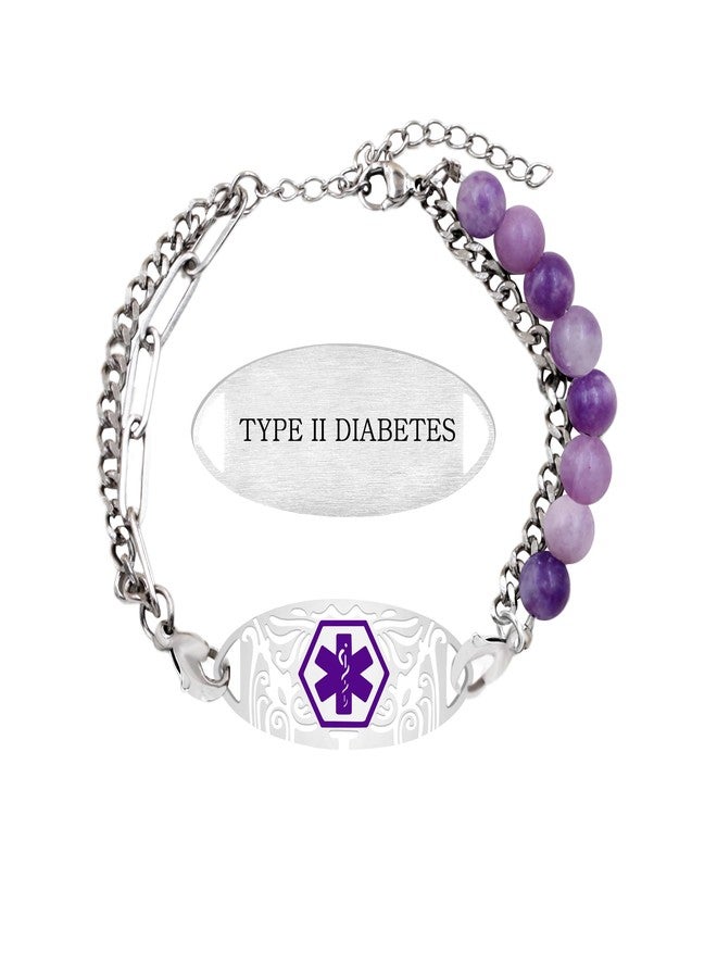 Uloveido Type II Diabetes Bracelet for Women, Double Chain Adjustable Engraved Medical ID Jewelry, Natural Lepidolite Layered Beaded Design for Awareness YA5493 - Image 1