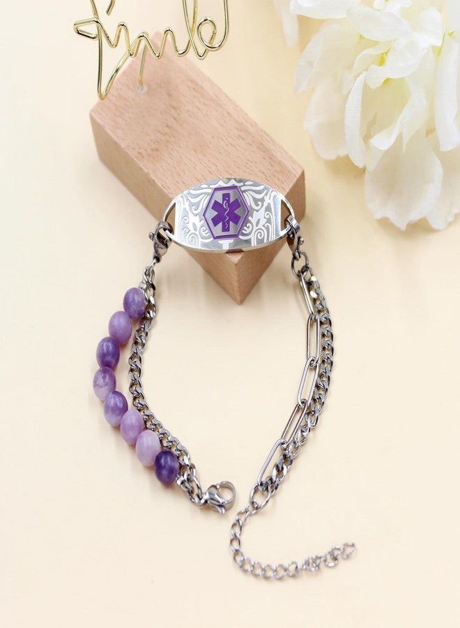 Uloveido Type II Diabetes Bracelet for Women, Double Chain Adjustable Engraved Medical ID Jewelry, Natural Lepidolite Layered Beaded Design for Awareness YA5493 - Image 3