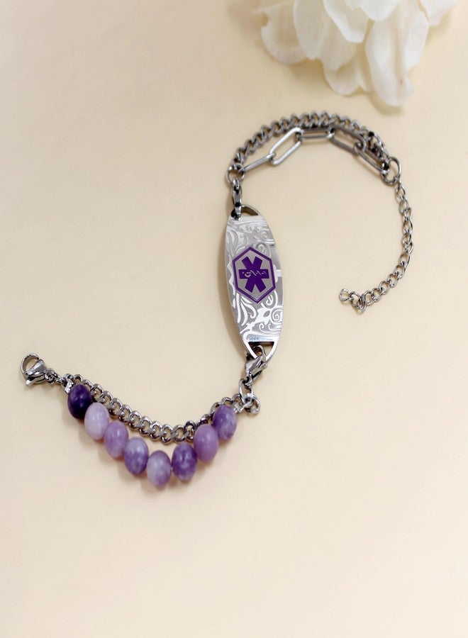 Uloveido Type II Diabetes Bracelet for Women, Double Chain Adjustable Engraved Medical ID Jewelry, Natural Lepidolite Layered Beaded Design for Awareness YA5493 - Image 4