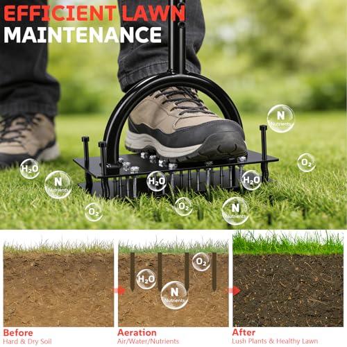 Wakuka Lawn Aerator Tool, 16 Iron Spikes Manual Grass Aerator Lawn Tool with Spring-Loaded Design & Adjustable T-Handle, Automatic Leaf and Dirt Cleaning Yard Aerator for Loosening Soil Aerating Patio Garden - Image 3