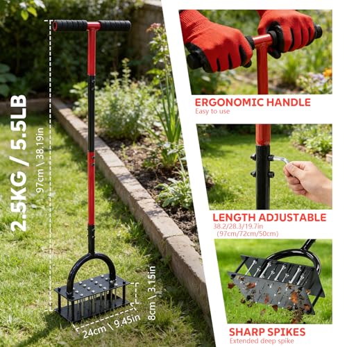 Wakuka Lawn Aerator Tool, 16 Iron Spikes Manual Grass Aerator Lawn Tool with Spring-Loaded Design & Adjustable T-Handle, Automatic Leaf and Dirt Cleaning Yard Aerator for Loosening Soil Aerating Patio Garden - Image 2