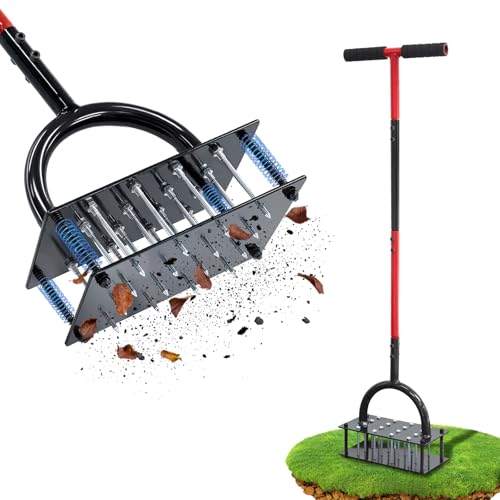 Wakuka Lawn Aerator Tool, 16 Iron Spikes Manual Grass Aerator Lawn Tool with Spring-Loaded Design & Adjustable T-Handle, Automatic Leaf and Dirt Cleaning Yard Aerator for Loosening Soil Aerating Patio Garden - Image 1