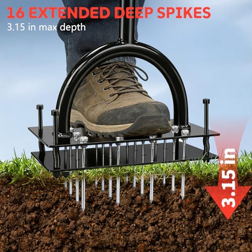 Wakuka Lawn Aerator Tool, 16 Iron Spikes Manual Grass Aerator Lawn Tool with Spring-Loaded Design & Adjustable T-Handle, Automatic Leaf and Dirt Cleaning Yard Aerator for Loosening Soil Aerating Patio Garden - Image 4