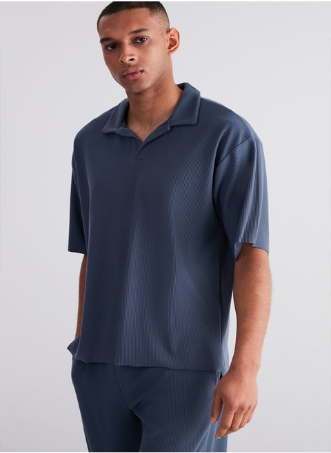 Limited Edition Plus Size Indigo Oversize Textured Ottoman Polo Collar T-Shirt TMNSS24BF00047
