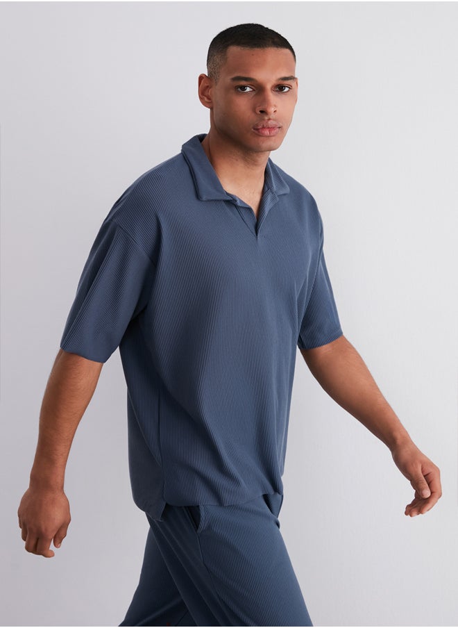 trendyol - Limited Edition Plus Size Indigo Oversize Textured Ottoman Polo Collar T-Shirt TMNSS24BF00047 - Image 1