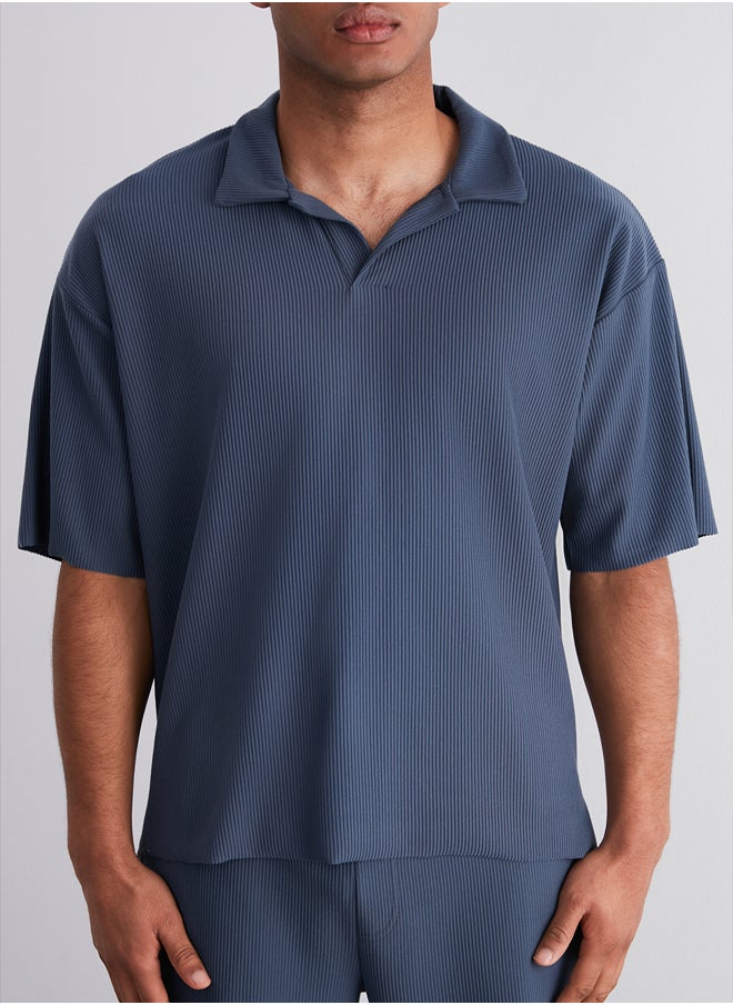 trendyol - Limited Edition Plus Size Indigo Oversize Textured Ottoman Polo Collar T-Shirt TMNSS24BF00047 - Image 1