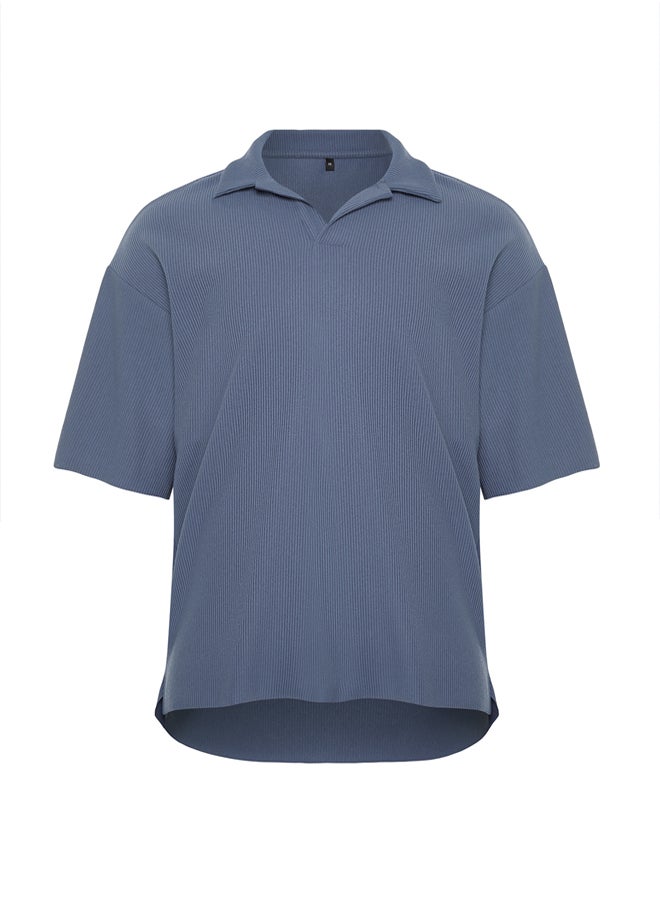 trendyol - Limited Edition Plus Size Indigo Oversize Textured Ottoman Polo Collar T-Shirt TMNSS24BF00047 - Image 1