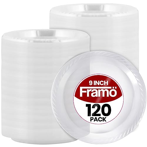 9 Inch Disposable Clear Plastic Plates In Bulk By Framo for Party and DinnerAnd For Any Occasion Microwaveable BBQ Travel and Events 9 Inch 120 pack