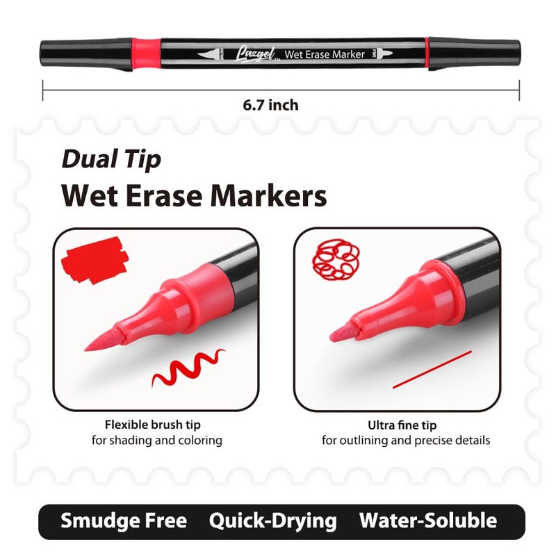 LAZGOL Wet Erase Markers Dual Tip, Lazgol 12 Assorted Colors, Dual Tip Brush & Fine Overhead Transparency Smudge Free Markers for Dry Erase Whiteboard, Refrigerator Calendars, Glass, Films and Any Kind of - Image 2