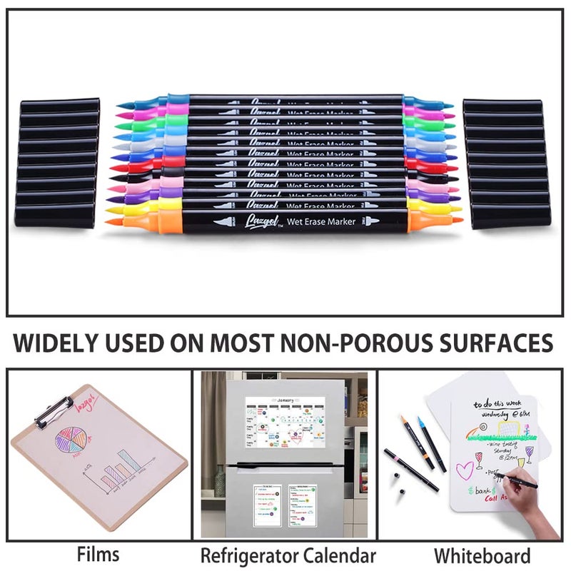 LAZGOL Wet Erase Markers Dual Tip, Lazgol 12 Assorted Colors, Dual Tip Brush & Fine Overhead Transparency Smudge Free Markers for Dry Erase Whiteboard, Refrigerator Calendars, Glass, Films and Any Kind of - Image 5