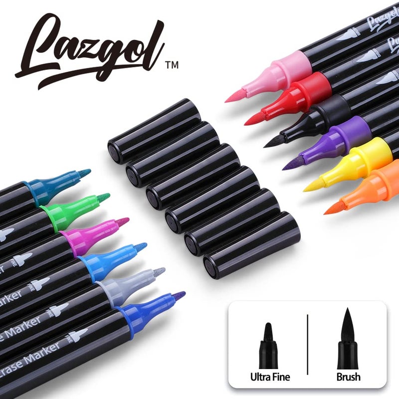 LAZGOL Wet Erase Markers Dual Tip, Lazgol 12 Assorted Colors, Dual Tip Brush & Fine Overhead Transparency Smudge Free Markers for Dry Erase Whiteboard, Refrigerator Calendars, Glass, Films and Any Kind of - Image 4