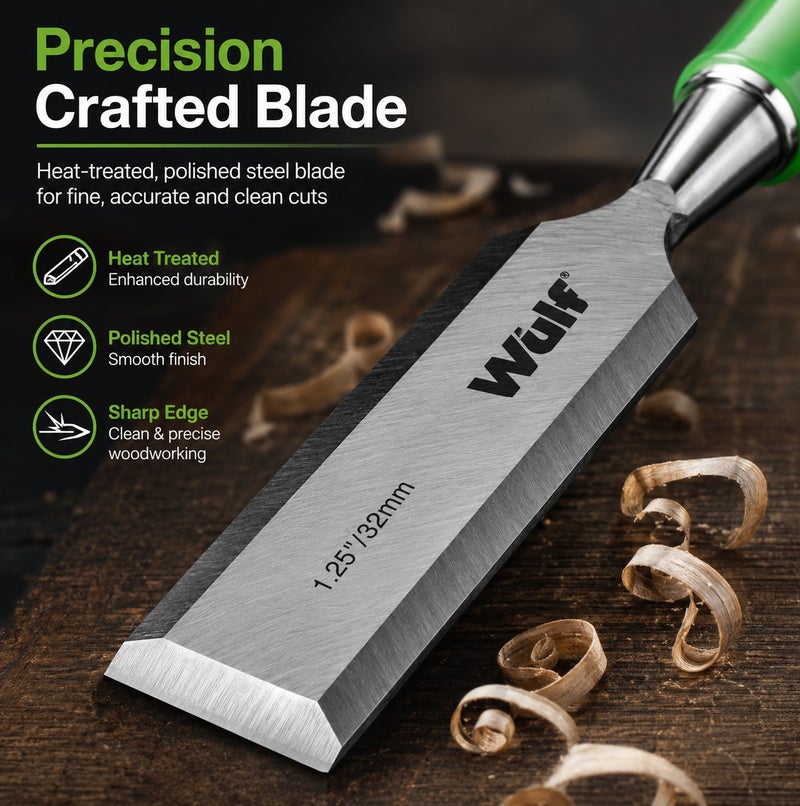 WULF Professional 1.25-Inch 32mm Wood Chisel with Heat-Treated Polished CrV Steel Blade & Ergonomic Skidproof High-Impact Handle, Precision Carpentry Tool for Woodworking, Carving & Furniture Repair - Image 2
