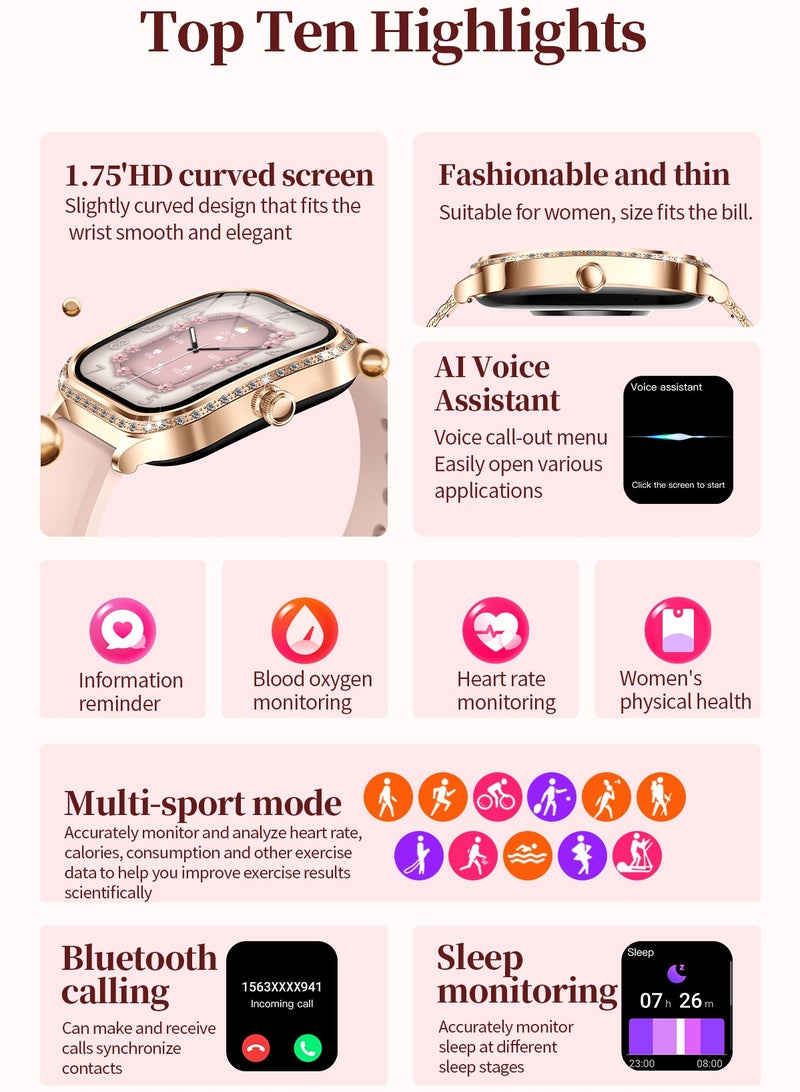 RollsTimi  Ladies/Women Bluetooth Smartwatch, Smart Wearable Watch, 1.75 Inch Full Screen Touch, TFT High Definition Screen With 240*296 Resolution, Multiple Sports Modes, Health Reminders, Magnetic Charging, RT MK88 - Image 3