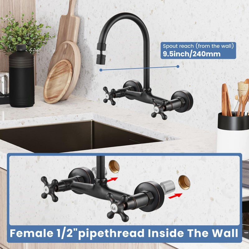Airuida Wall Mount Kitchen Faucet with Sprayer Wall Mounted Kitchen Sink Faucet Double Cross Handles 360 Degree Swivel Spout Restaurant Mixer Tap Commercial 8 Inch Center Oil Rubbed Bronze - Image 3