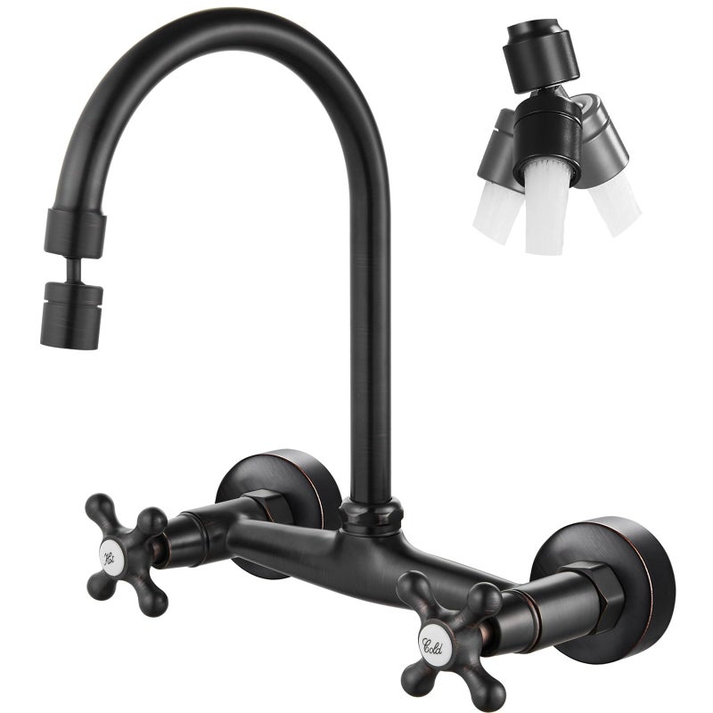 Airuida Wall Mount Kitchen Faucet with Sprayer Wall Mounted Kitchen Sink Faucet Double Cross Handles 360 Degree Swivel Spout Restaurant Mixer Tap Commercial 8 Inch Center Oil Rubbed Bronze - Image 1
