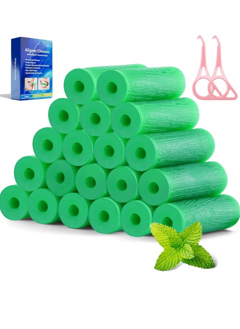 Aligner Chewies for Invisalign Aligners - Mint Scented and Aligner Removal Tools (Green Chewies 20Pcs + Remover Tools 2Pcs)