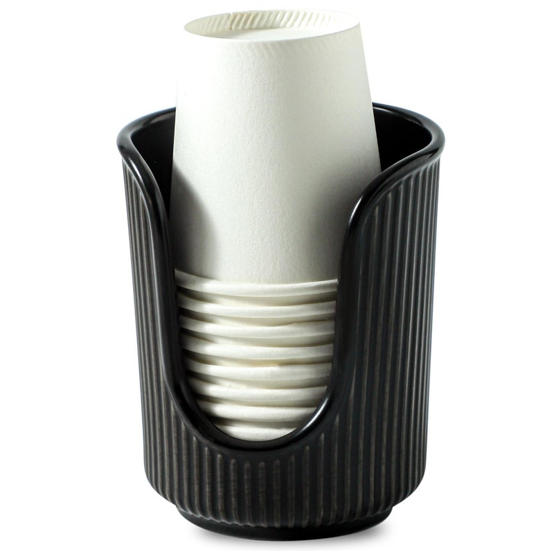 Dobbyby Ceramic Bathroom Cup Dispenser with Stylish Vertical Stripes - Disposable Mouthwash Cup Holder Holds 3-4oz Paper Cups for Rinsing Cups on Bathroom Vanity Countertops (Matte Black) - Image 1