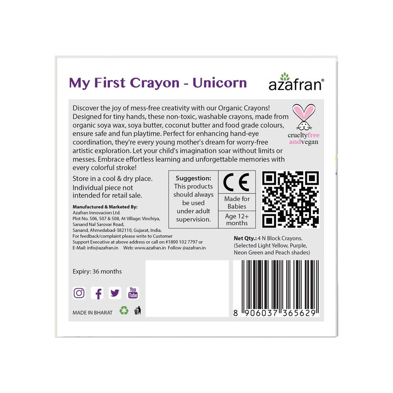 azafran My First Crayon - Unicorn 4 Jumbo Block Colours, Colors Set for Kids, Baby and Infant Safe, Hypoallergenic, Non-Toxic, Washable, Plant-Based Crayons Colour Set, Ideal Toys for 1 Year Old - Image 2