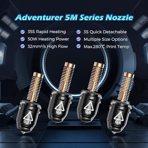 FLASHFORGE Adventurer 5M Nozzle, All Sizes 4-Pack Nozzle Set, 280℃ High Flow 32mm³/s Nozzle for Stable High-Speed Printing, Adventurer 5M Pro Hotend, 3S Quick-Detachable Nozzle - Image 2
