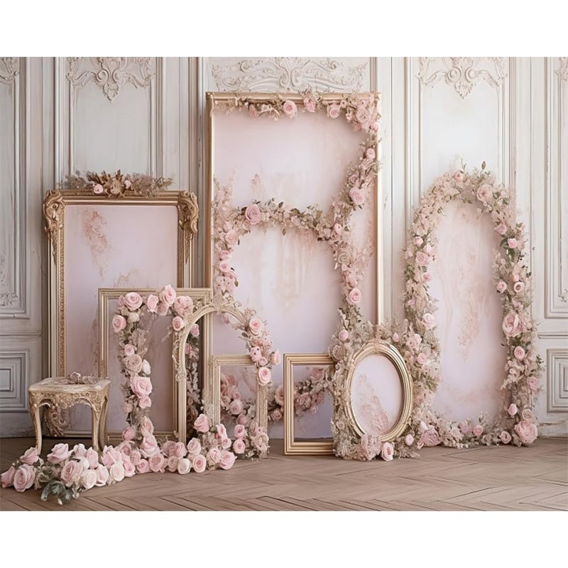 DORCEV 10x8ft Pink Floral French Frame Backdrop for Photography European Style Flowers Living Room Background Banner Baby Shower Bridal Shower Wedding Reception Birthday Decor Photo Studio Props - Image 4