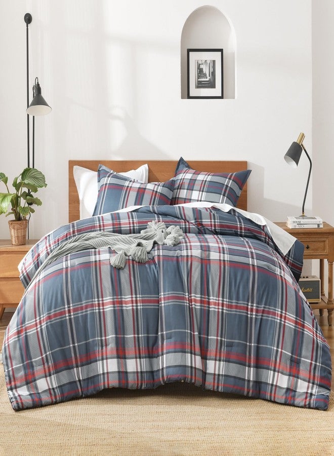 Andency طقم لحاف أندينسي بنقشة مربعات باللونين الكحلي والأحمر، مقاس كوين (90×90 بوصة)، 3 قطع، طقم لحاف بنقشة مربعات مخططة للأولاد والبنات والأطفال والمراهقين، طقم سرير أنيق بخطوط هندسية ناعمة وخفيفة الوزن وقابلة للعكس كهدية - Image 3