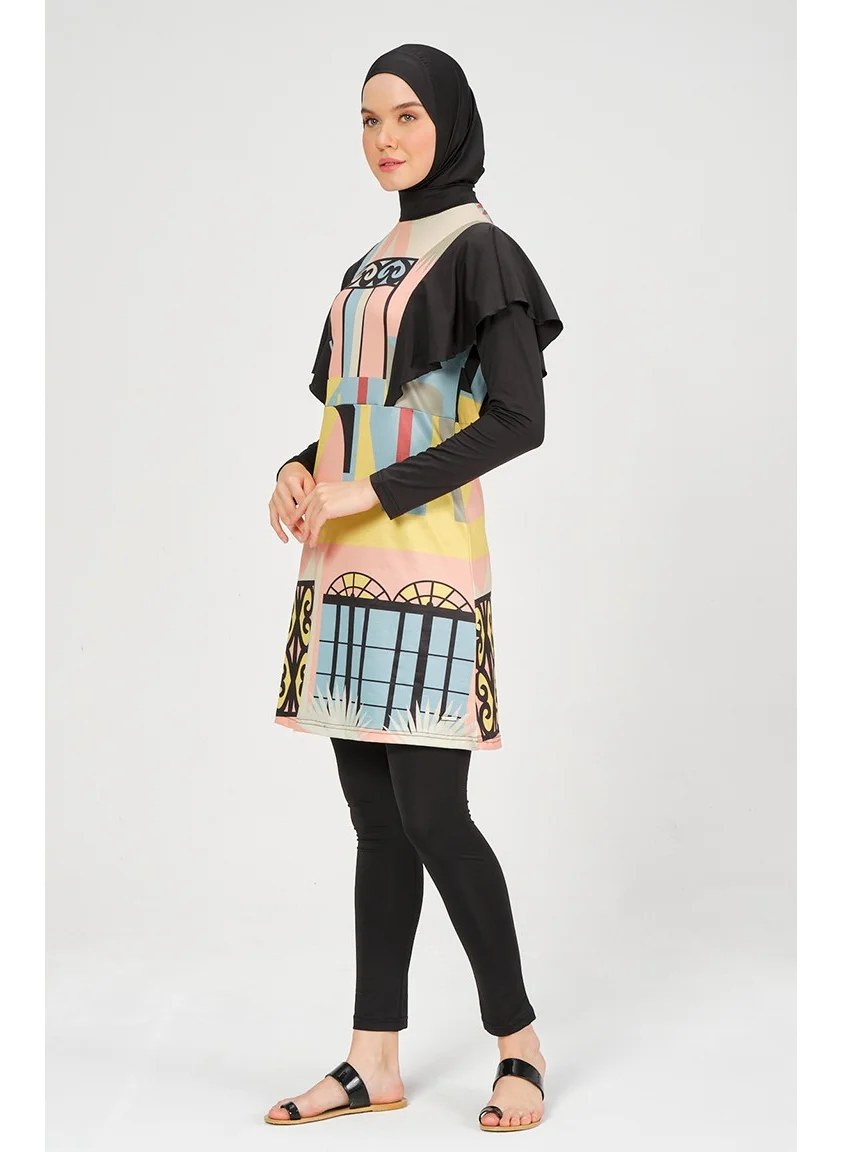 Sefa Merve Patterned Hijab Swimsuit 22660-01 Black