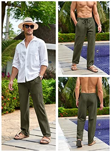 Gafeng Mens Linen Pants Yoga Beach Loose Fit Casual Summer Elastic Waist Drawstring Baggy Trousers with Pockets Army Green - Image 5