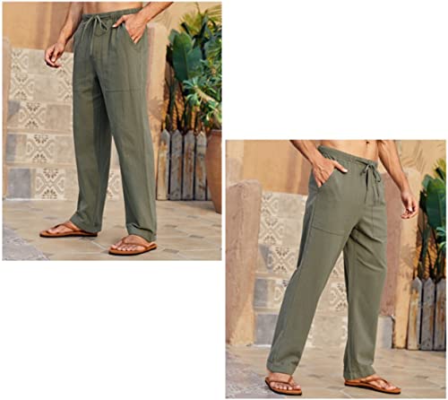 Gafeng Mens Linen Pants Yoga Beach Loose Fit Casual Summer Elastic Waist Drawstring Baggy Trousers with Pockets Army Green - Image 3