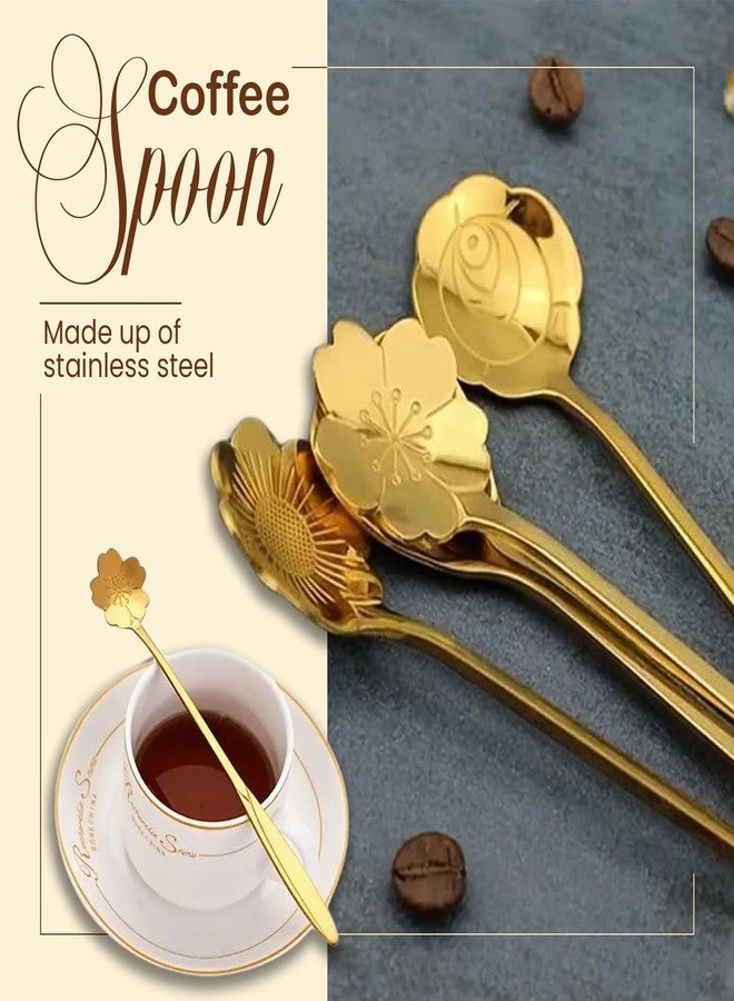 YATNAT IMPEX Golden Dessert Spoon Set Cutlery Kitchen Tableware Stainless Steel Gold Flower Shape Different Cute Coffee Tea Spoon Cafe Bar - Image 2