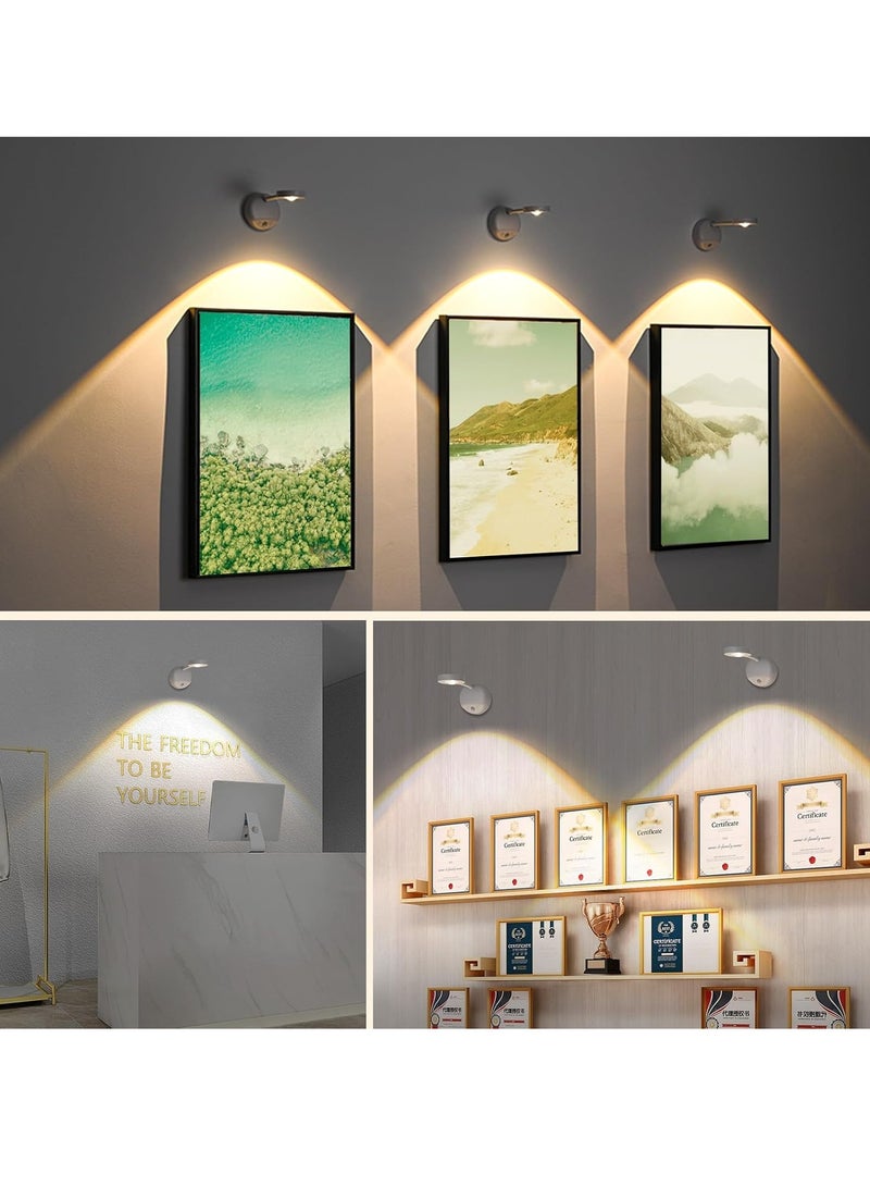 Rechargeable Motion Sensor Picture Light, Spotlight Painting Light, LED Wall Light, Night Light, 3 Colors and Dimmable 360° Rotation with Remote Control (White)