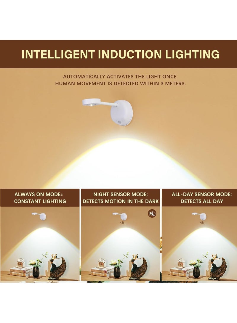 Rechargeable Motion Sensor Picture Light, Spotlight Painting Light, LED Wall Light, Night Light, 3 Colors and Dimmable 360° Rotation with Remote Control (White)