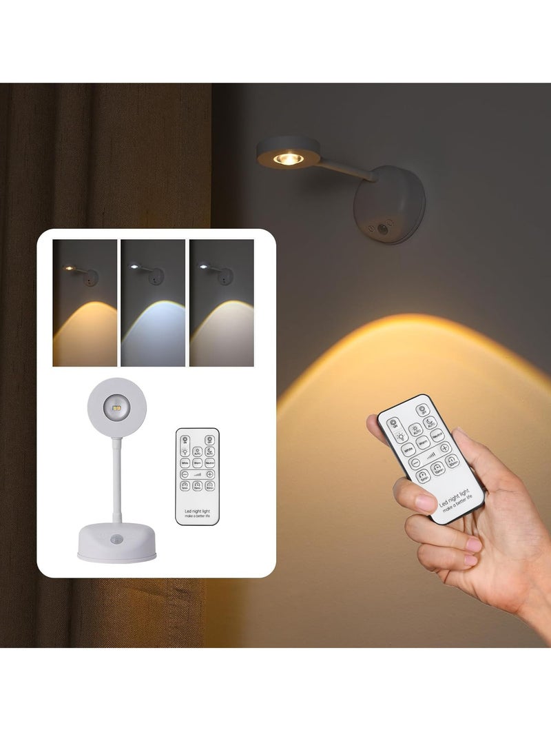 Rechargeable Motion Sensor Picture Light, Spotlight Painting Light, LED Wall Light, Night Light, 3 Colors and Dimmable 360° Rotation with Remote Control (White)