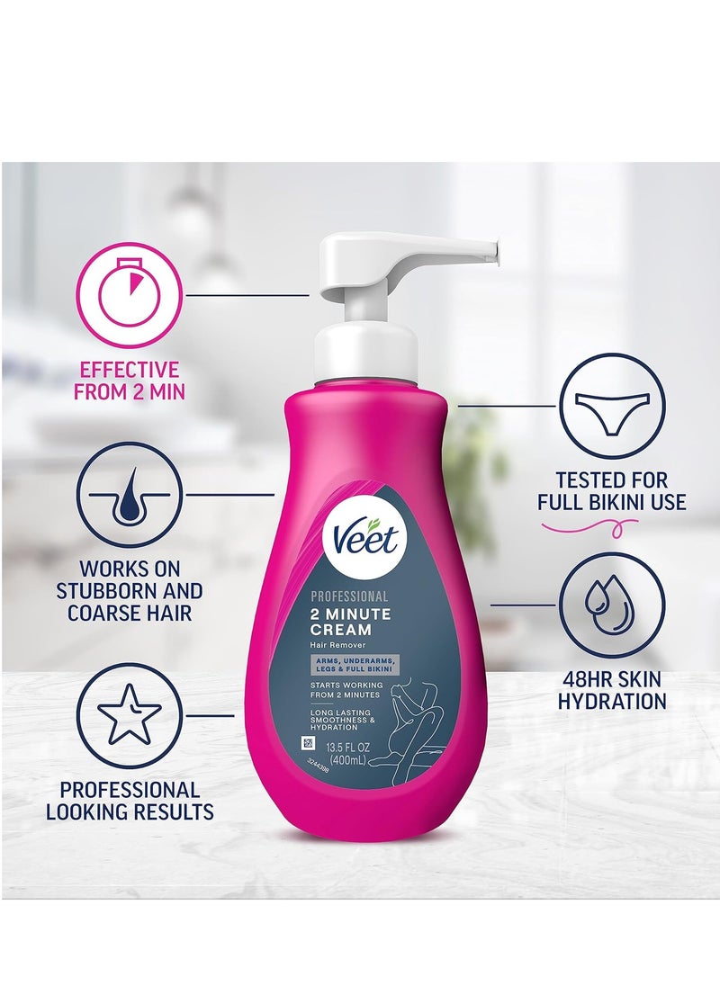 Veet - VEET Professional 2 Minute Hair Removal Cream For All Skin Types with Shea Butter | Effective Full Bikini/Pubic Hair Removal Gel | Dermatologically Tested | 13.5 FL OZ Bottle w/Spatula, Purple - Image 1