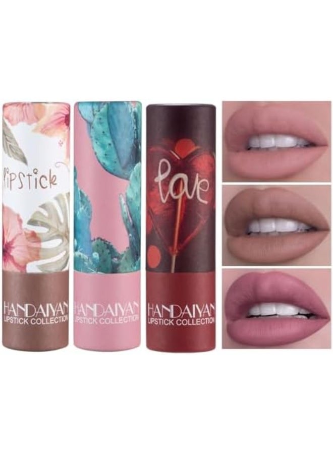 3 Pcs Matte Nude Lipstick Set, Velvet Lip Gloss, Nude Lip Stain Paper Tube Lipsticks, Non Stick Cup Waterproof Long Lasting Matte Lipstick for Women Daily Gift - Image 1