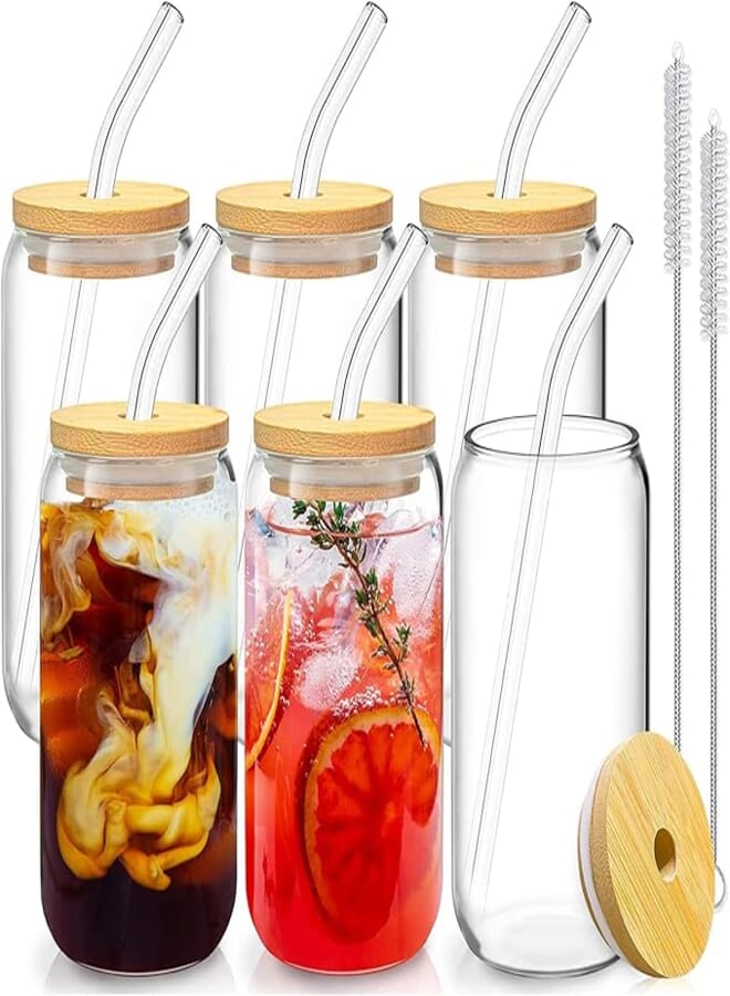 perforlld 6 Pcs Set Drinking Glasses with Bamboo Lids and Glass Straw, 16oz Can Shaped Glass Cups, Iced Coffee Glasses, Juice Drink Cup - 2 Cleaning Brushes