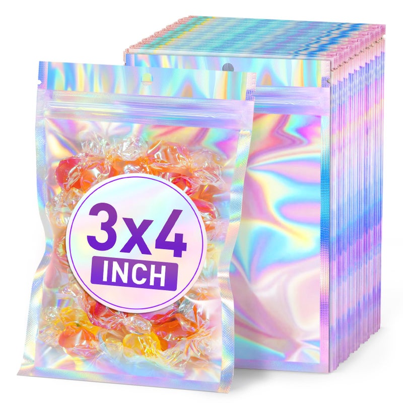 ANZNKU 50 Pack Holographic Mylar Bags, 3'' x 4'' Packaging Bags for Small Business, Resealable Smell Proof Mylar Bag, Rainbow Color Small Baggie Holographic Zipper Bag for Food, Candy, Cosmetics, Jewelry - Image 1