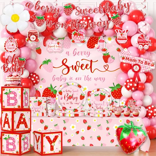 ILUIGGW Strawberry Baby Shower Decorations Berry Sweet Baby Shower Decorations with A Berry Sweet Baby Is On The Way Backdrop Cake Topper Strawberry Plates Balloon Arch Box for Baby Girl - Image 1