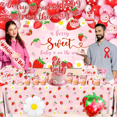 ILUIGGW Strawberry Baby Shower Decorations Berry Sweet Baby Shower Decorations with A Berry Sweet Baby Is On The Way Backdrop Cake Topper Strawberry Plates Balloon Arch Box for Baby Girl - Image 5