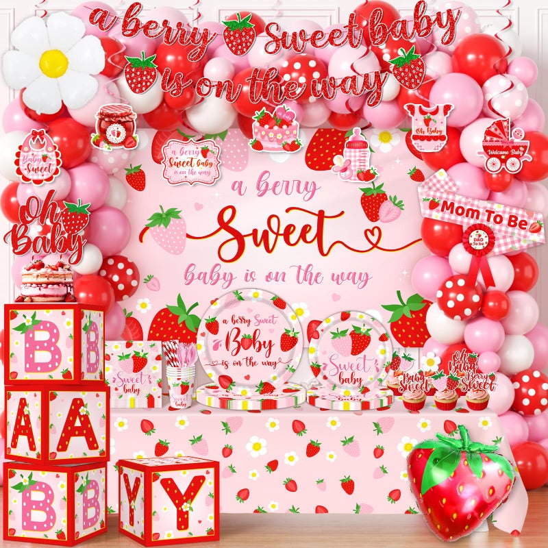 ILUIGGW Strawberry Baby Shower Decorations Berry Sweet Baby Shower Decorations with A Berry Sweet Baby Is On The Way Backdrop Cake Topper Strawberry Plates Balloon Arch Box for Baby Girl - Image 3