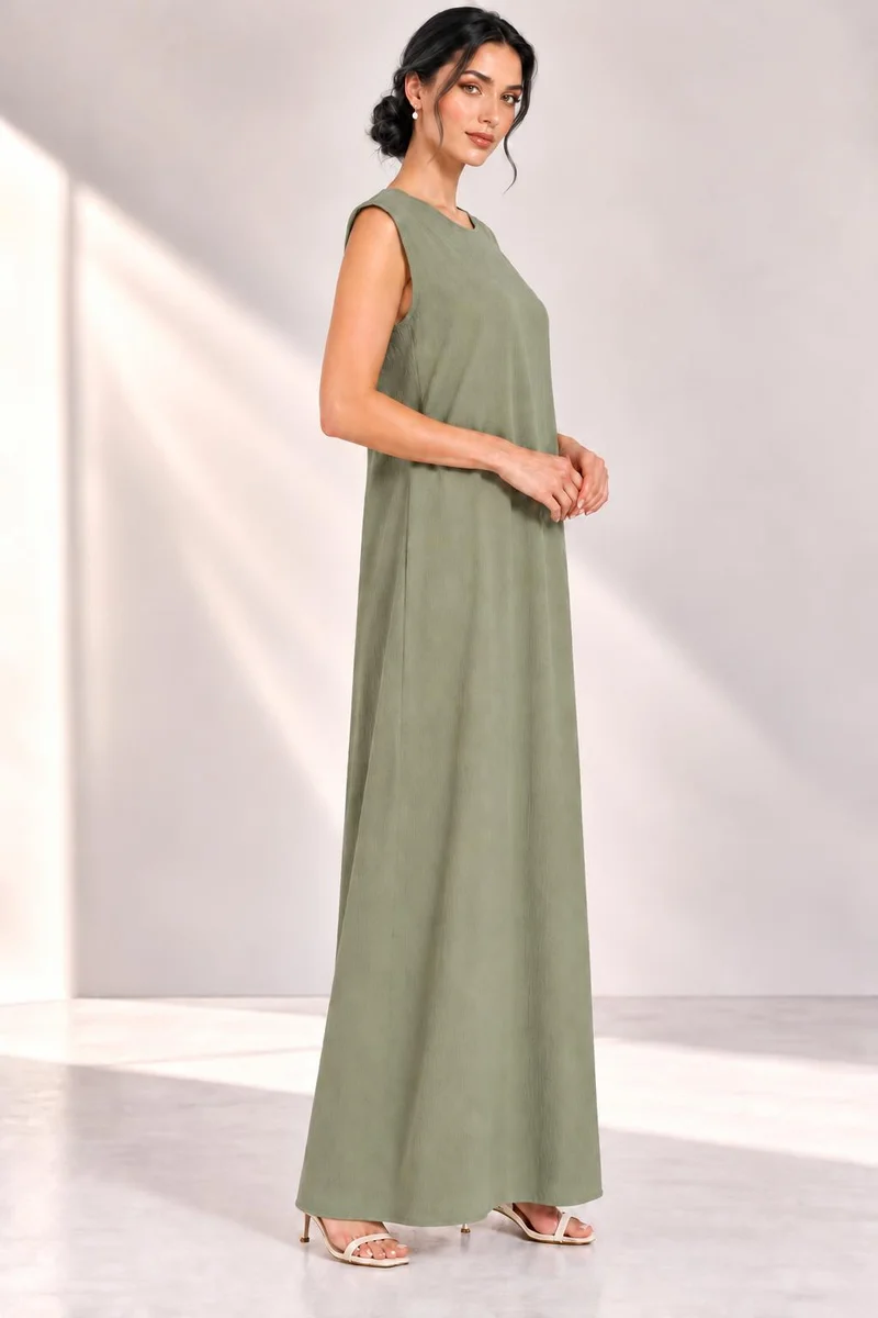 Nikias Nikias Sage Olive Sleeveless Maxi Inner Dress for Women – Straight Cut, Round Neck