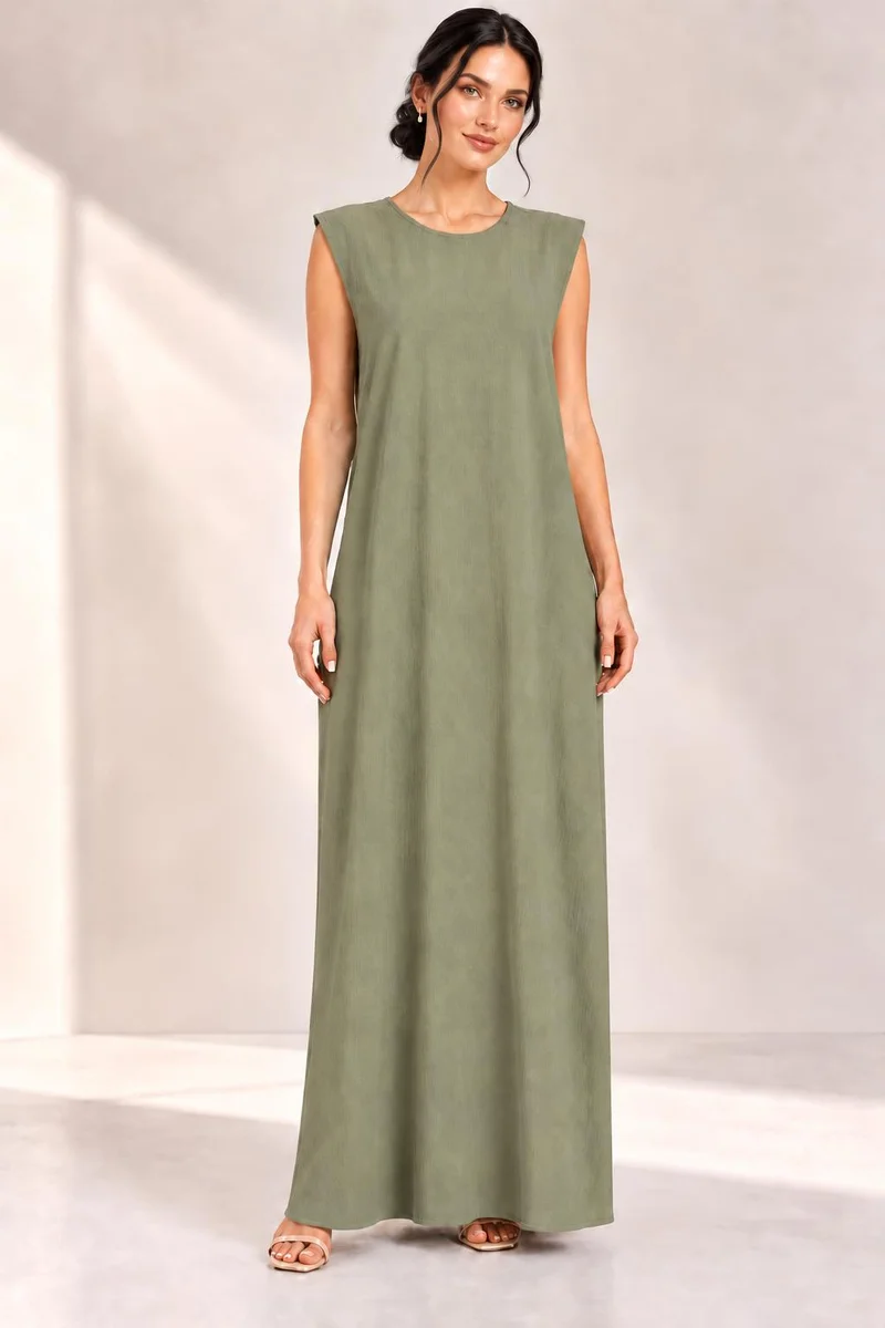 Nikias Nikias Sage Olive Sleeveless Maxi Inner Dress for Women – Straight Cut, Round Neck