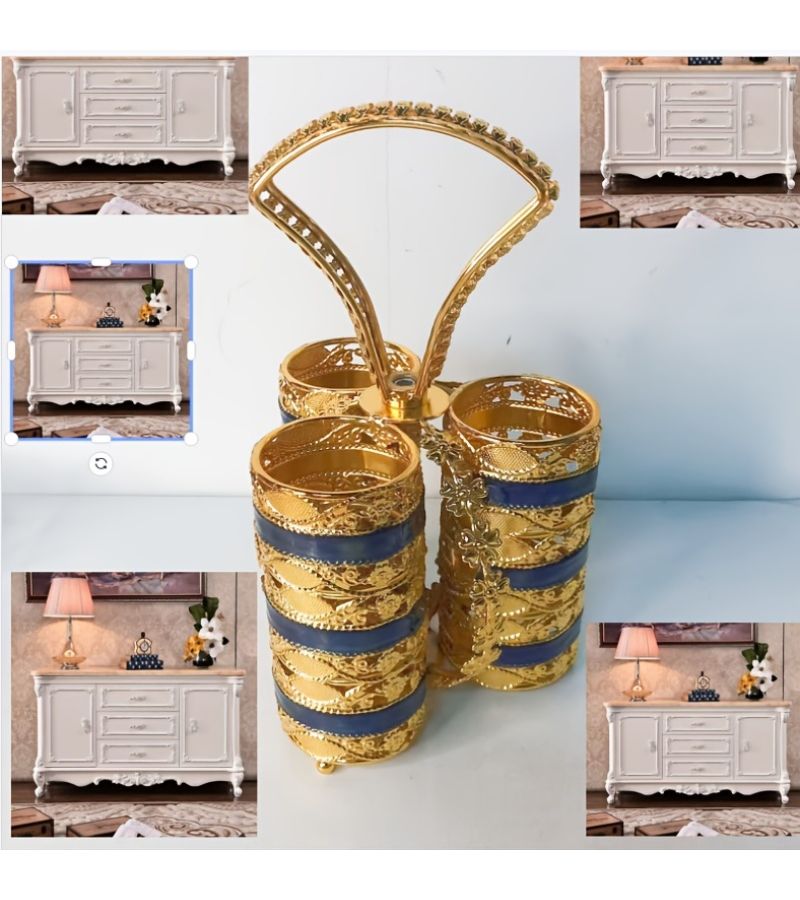 Three Golden and White Kitchen Storage Containers with Two Ladles and Cutlery Holder for Knives Forks Dining Utensil Organizer for Home Hotel Tabletop - Image 4