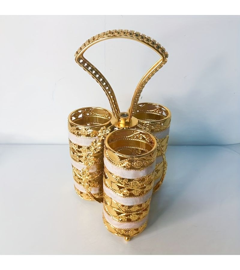 Three Golden and White Kitchen Storage Containers with Two Ladles and Cutlery Holder for Knives Forks Dining Utensil Organizer for Home Hotel Tabletop - Image 3