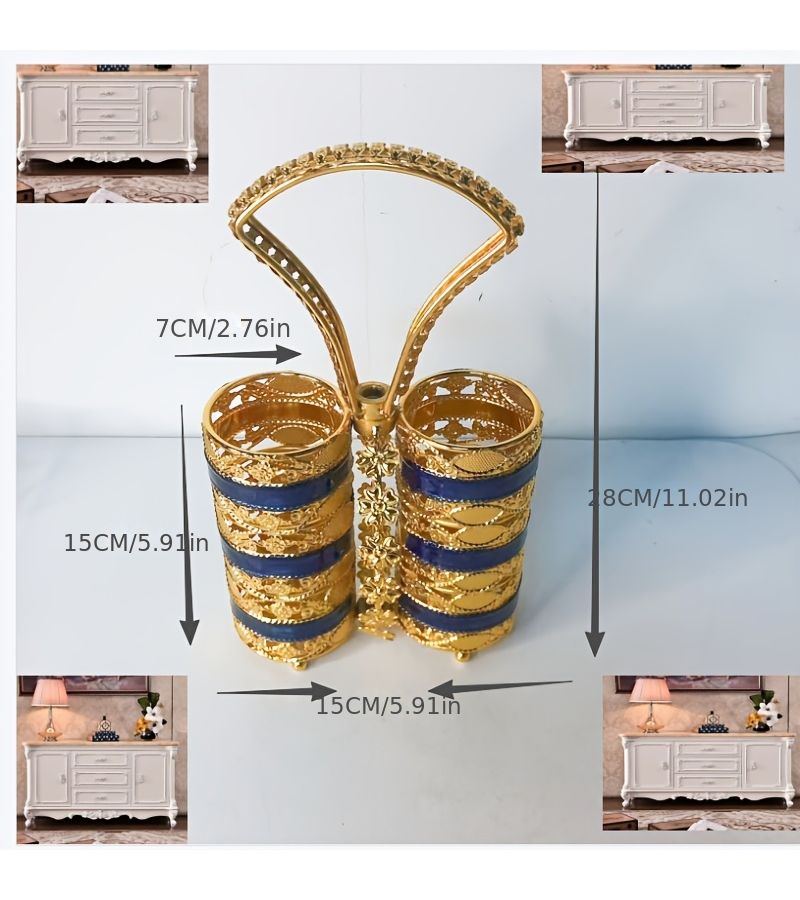 Three Golden and White Kitchen Storage Containers with Two Ladles and Cutlery Holder for Knives Forks Dining Utensil Organizer for Home Hotel Tabletop - Image 2