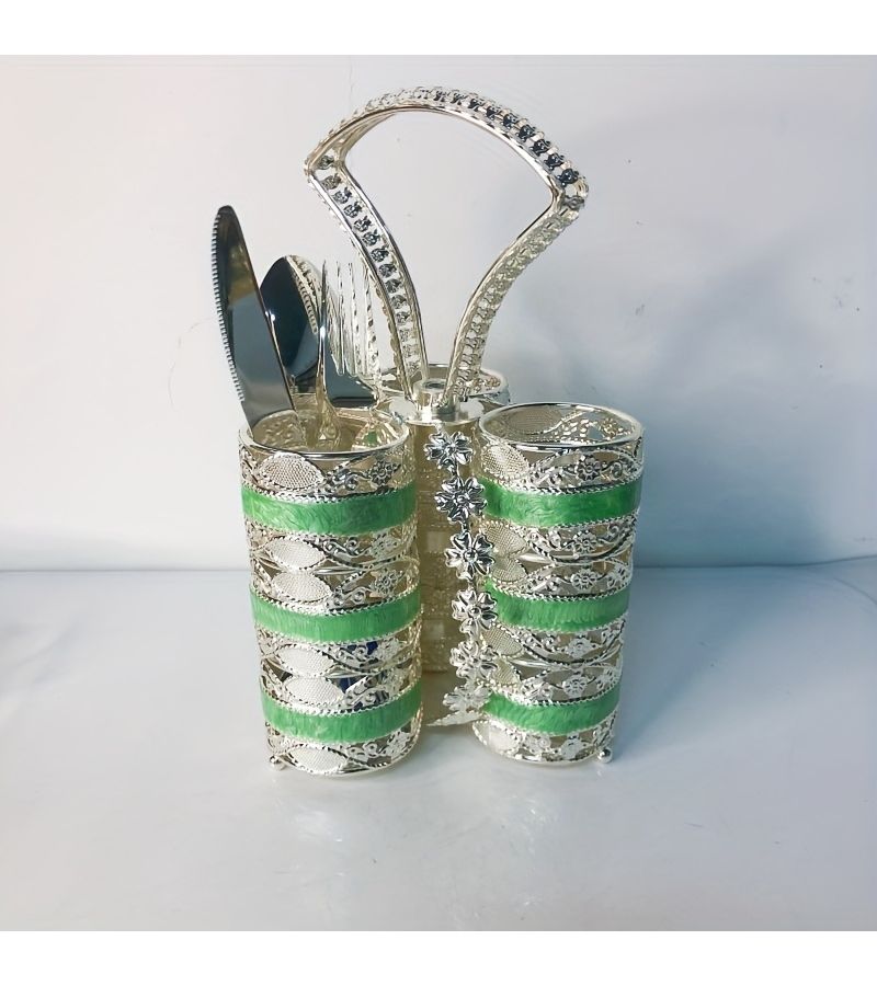 Three Golden and White Kitchen Storage Containers with Two Ladles and Cutlery Holder for Knives Forks Dining Utensil Organizer for Home Hotel Tabletop - Image 5