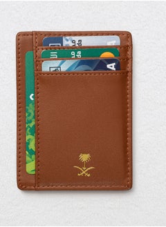 محفظة كروت جلد بني بشعار السعودية السيفين والنخلة باللون الذهبي RFID
