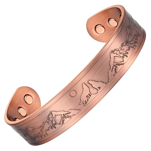 Willis Judd Mens Copper Bangle Wolf Bracelet Howling Wolves With Full Moon Wildlife Design - Image 1